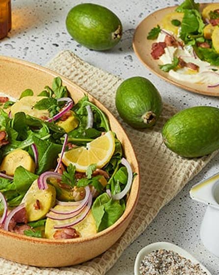Whipped feta, feijoa and bacon salad
