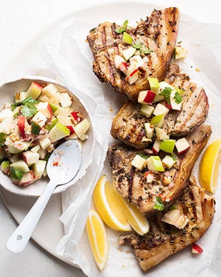 Barbecued pork loin chops with rough apple salsa