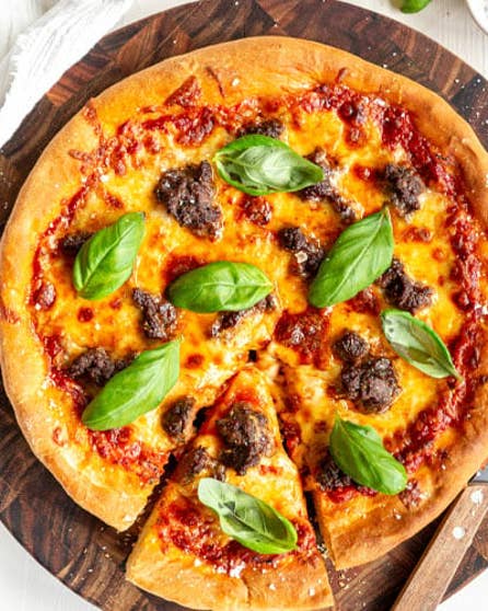 Deep pan pizza with beef sausage