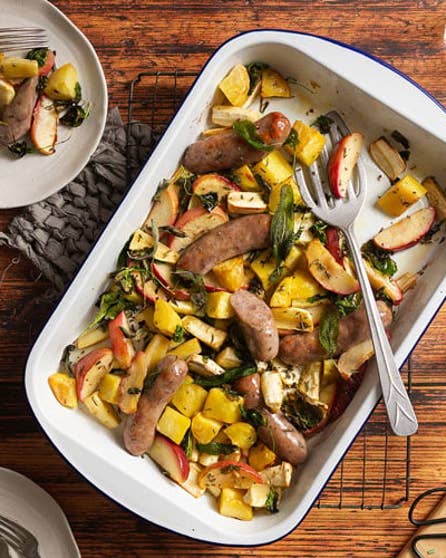 Easy sausage and apple tray bake