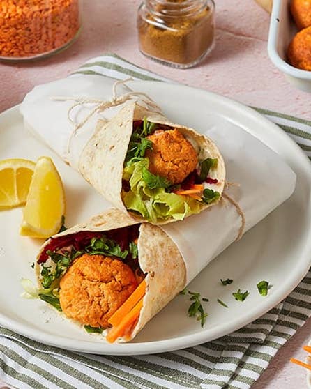 Red lentil falafel wrap