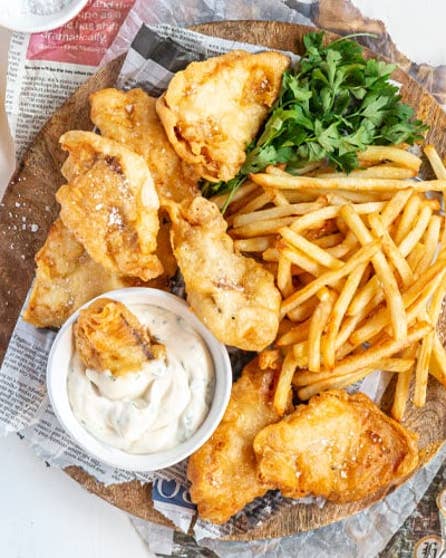 Beer battered fish with a salt and vinegar mayo