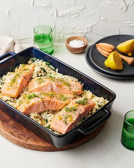 Salmon with leek and fennel baked risotto