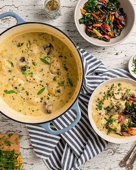 Mushroom chicken stew with herb dumplings
