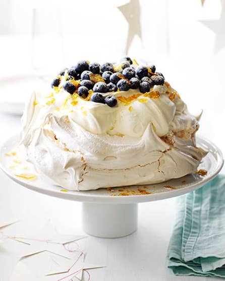 Pavlova with blueberries and cheat's praline