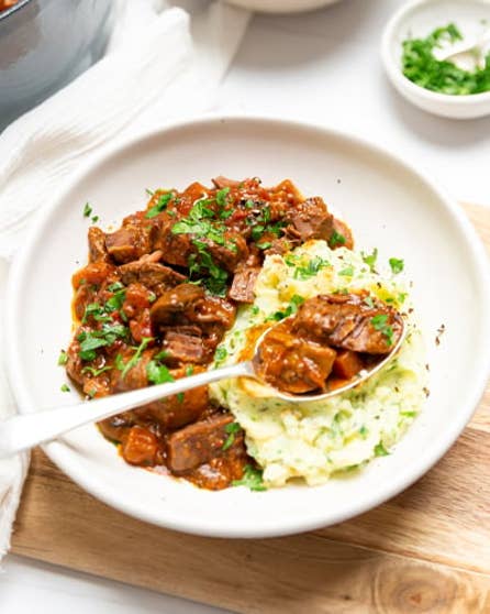 Rich beef stew with herby mash