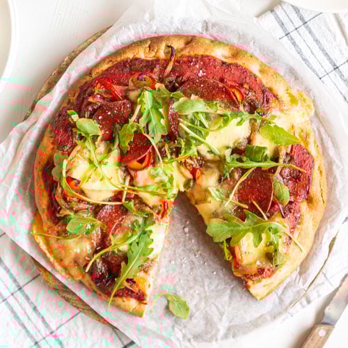 Chorizo and caramelised onion pizza