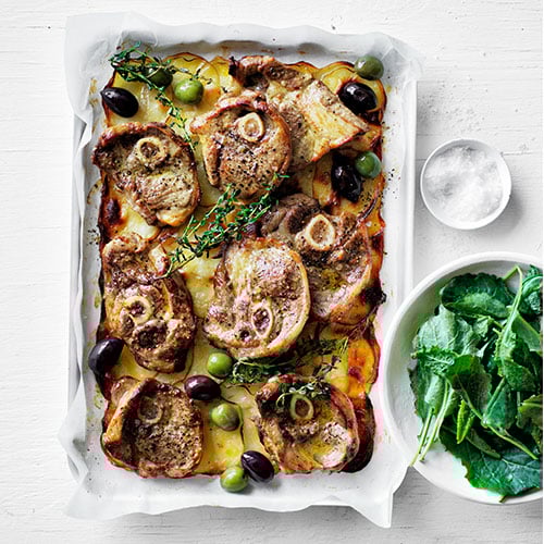 Go-to lamb chop and garlic potato gratin