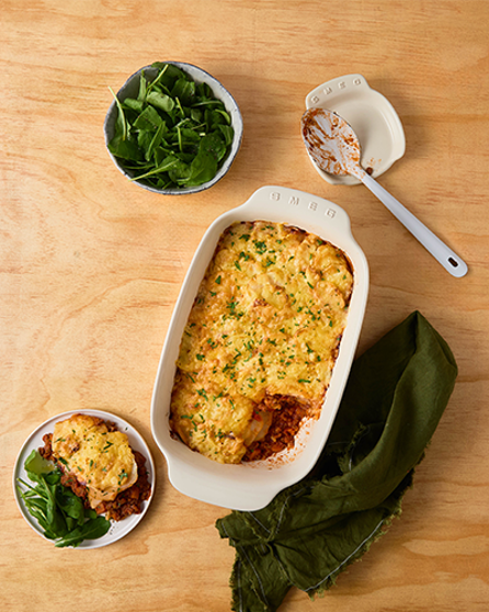 Beef mince cottage pie with scalloped potatoes