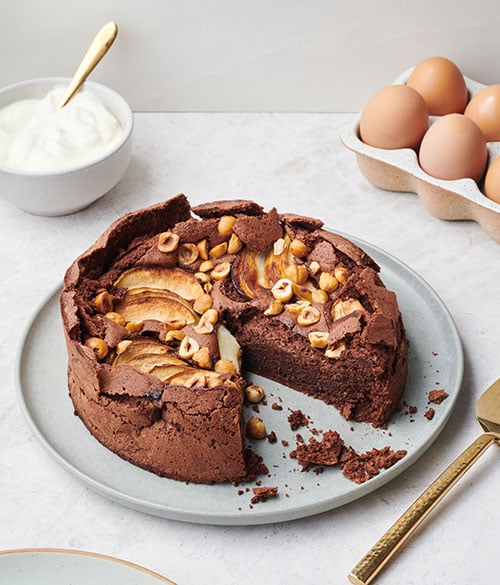 Sunken chocolate, apple and hazelnut cake