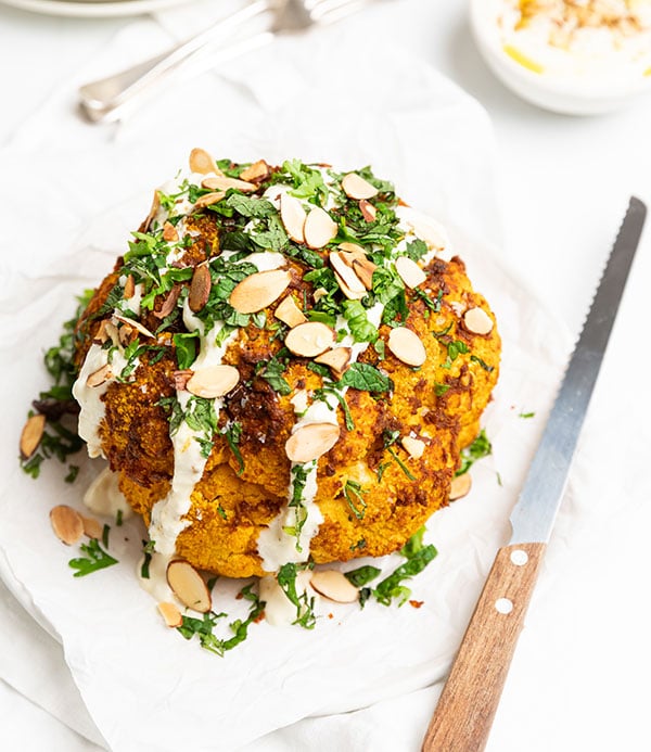 Whole roasted cauliflower with garlic yoghurt