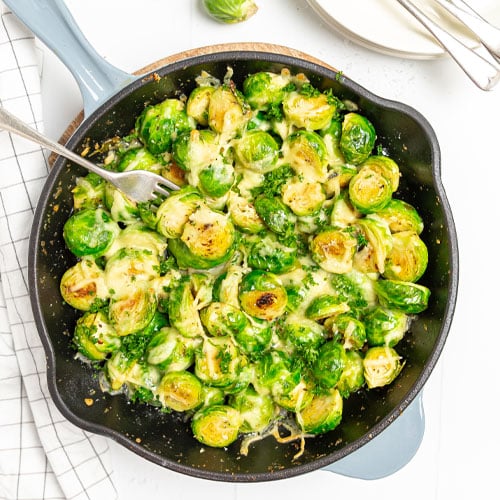 Cheesy garlic Brussels sprouts