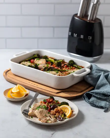 Mediterranean-style fish and rice tray bake