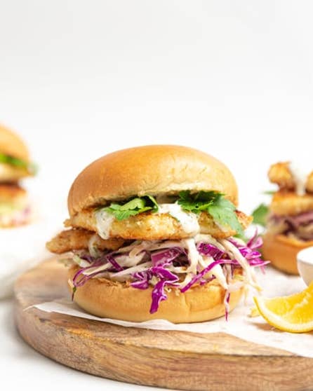 Crumbed fish and slaw burgers