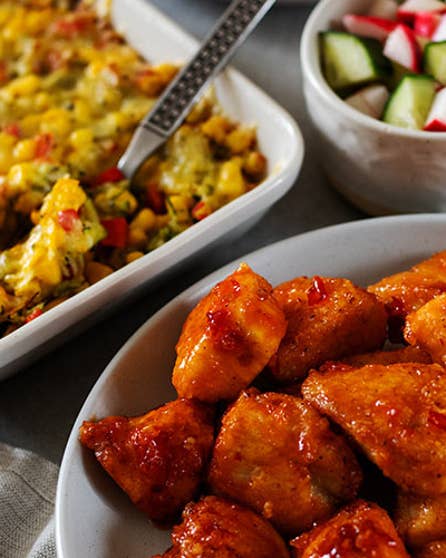 Sweet chilli chicken with cheesy corn