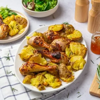 Baked_honey_mustard_chicken_drumsticks_and_smashed_potatoes