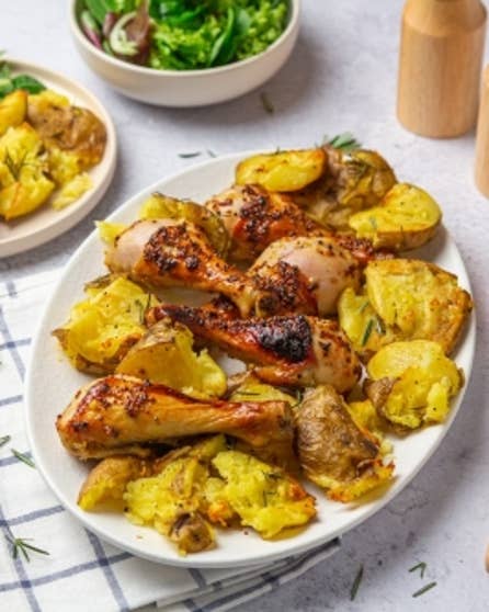Baked honey mustard chicken drumsticks and smashed potatoes