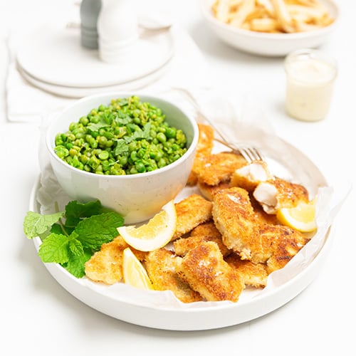 Panko crumbed fish bites with smashed peas