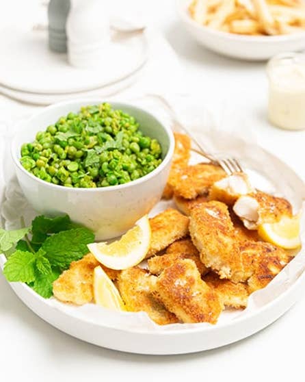 Panko crumbed fish bites with smashed peas