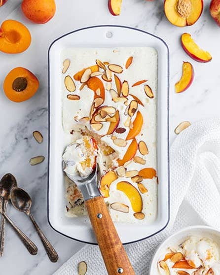 Stone fruit and toasted almond cheats ice cream