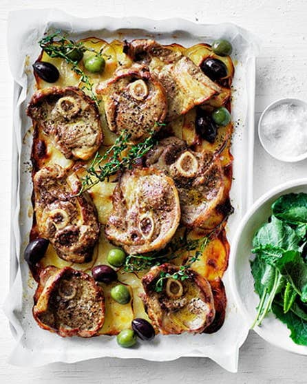 Go-to lamb chop and garlic potato gratin