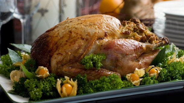 Roast turkey with apricot and orange stuffing and cranberry port sauce
