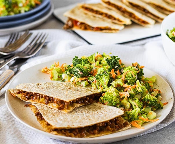 Cheesy quesadillas with broccoli salad