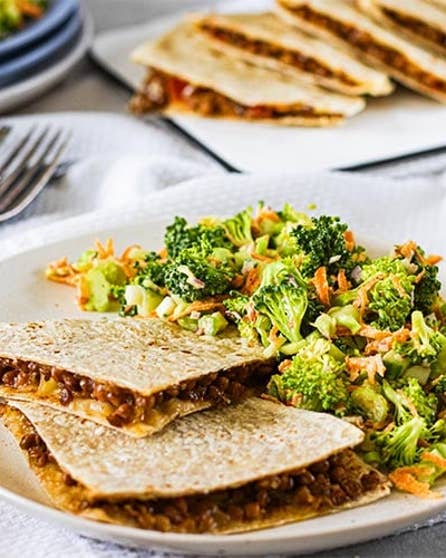 Cheesy quesadillas with broccoli salad