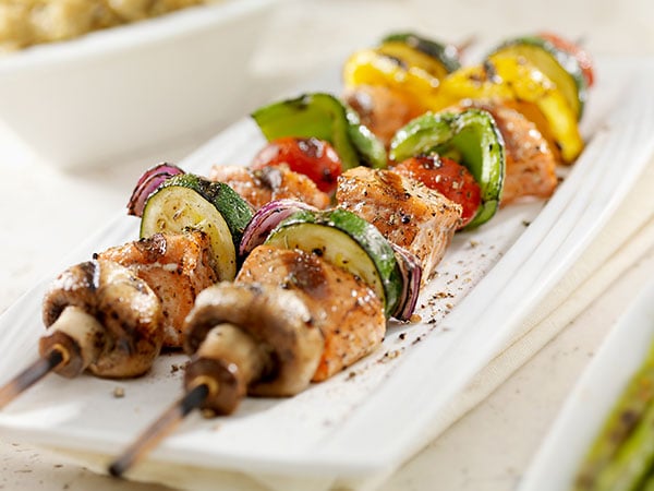 Teriyaki salmon and vegetable kebab