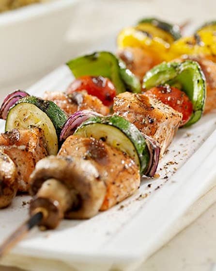 Teriyaki salmon and vegetable kebab