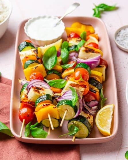 BBQ Haloumi and summer veggie skewers