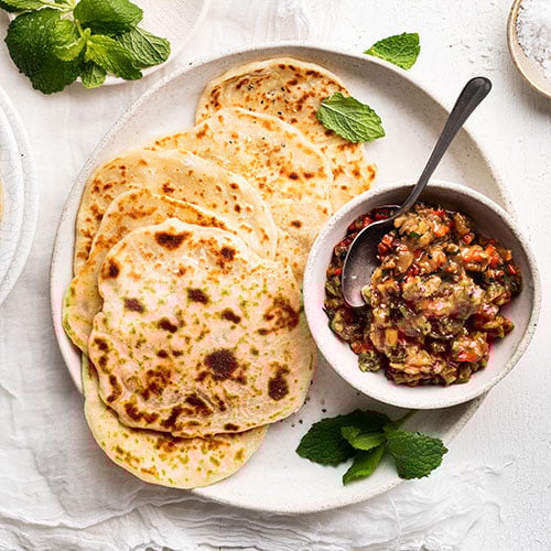 Capsicum and eggplant dip with yoghurt flatbread
