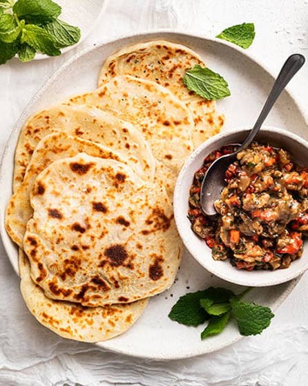 Capsicum and eggplant dip with yoghurt flatbread