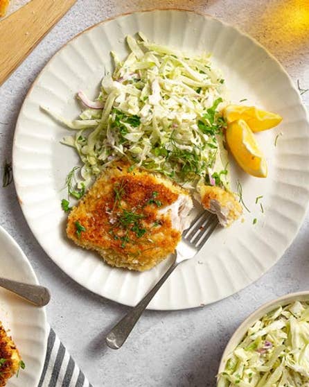 Panko fish with cabbage and fennel slaw