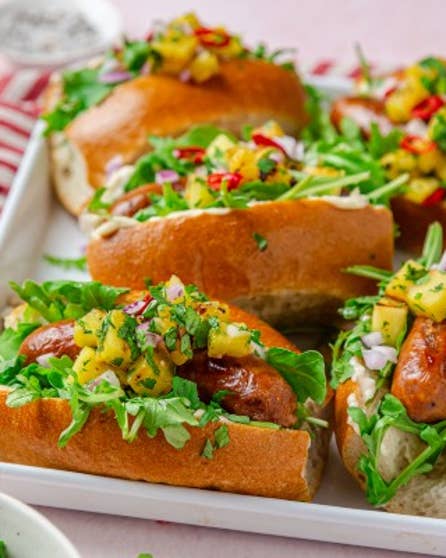 Barbecue pineapple salsa hot dogs