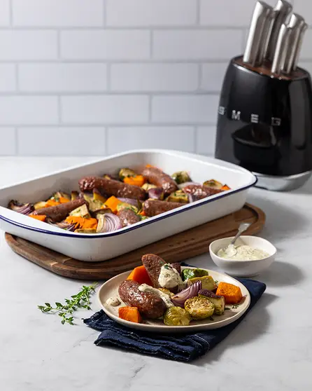One-tray sausage and vegetable roast