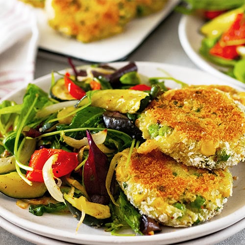 Fish cakes with grilled veggie salad