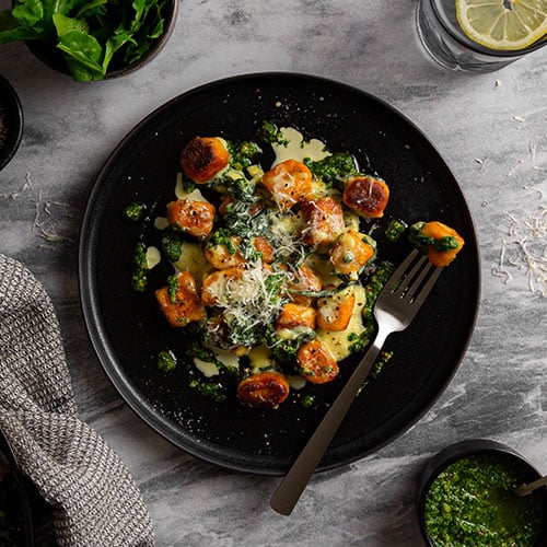 Kūmara gnocchi with garlic cream