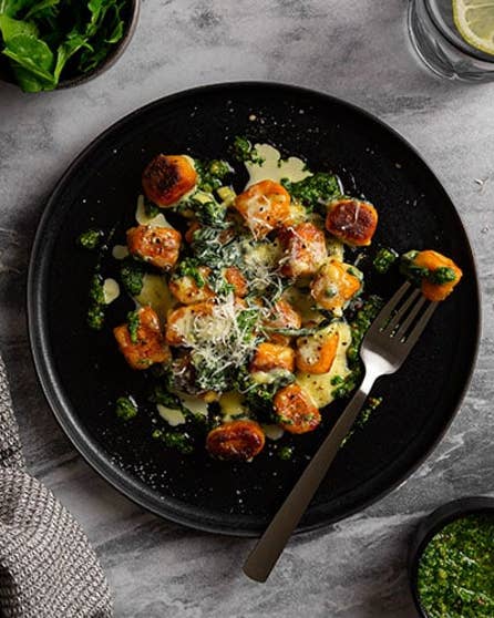 Kūmara gnocchi with garlic cream