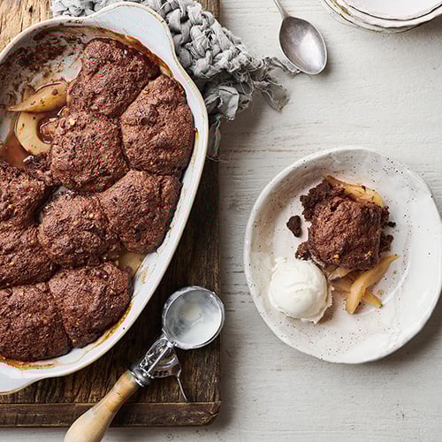 Chocolate, pear & walnut cobbler