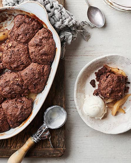 Chocolate, pear & walnut cobbler