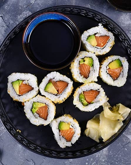 Fresh salmon avocado sushi