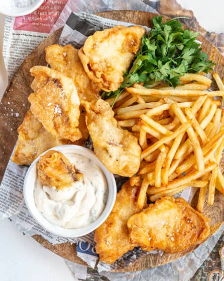 Beer battered fish with a salt and vinegar mayo