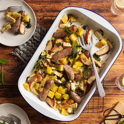 Easy sausage and apple tray bake
