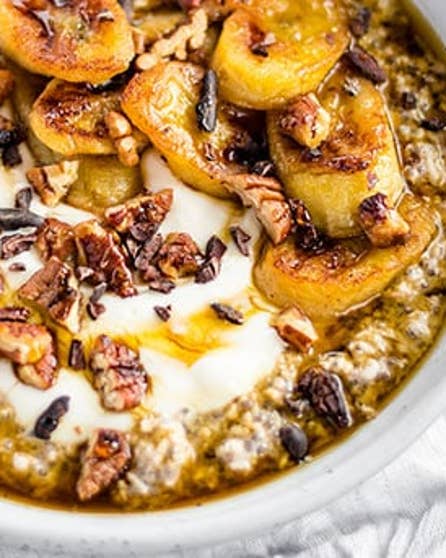 Bircher muesli with caramelised bananas, pecans and cacao nibs