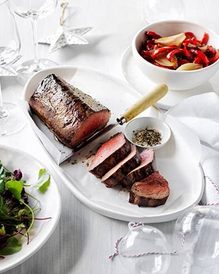 Balsamic and soy beef with charred capsicum and shallots