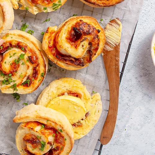 Tomato relish and bacon pinwheel scones