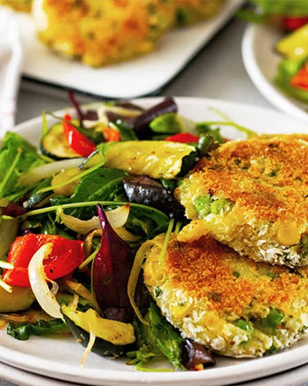 Fish cakes with grilled veggie salad