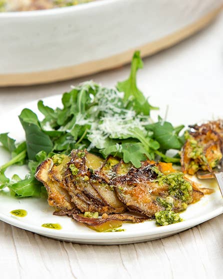 Kumara gratin with pesto