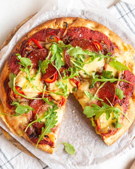Chorizo and caramelised onion pizza